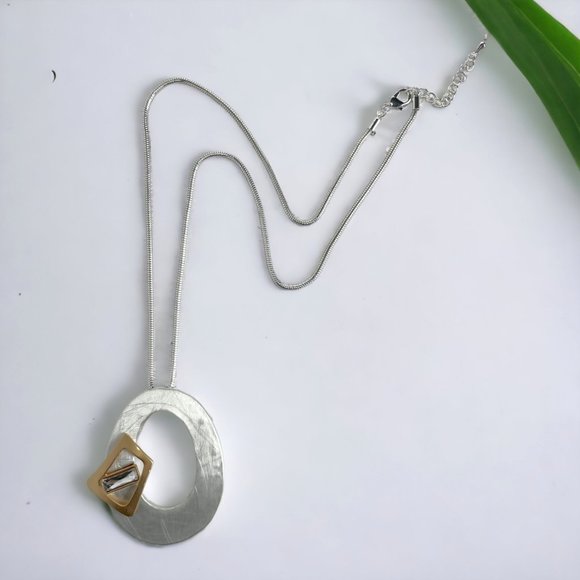 Necklace, Two Tone, Interlocking Oval/Square, Crystal, Snake Chain 24"-26" - Picture 2 of 6